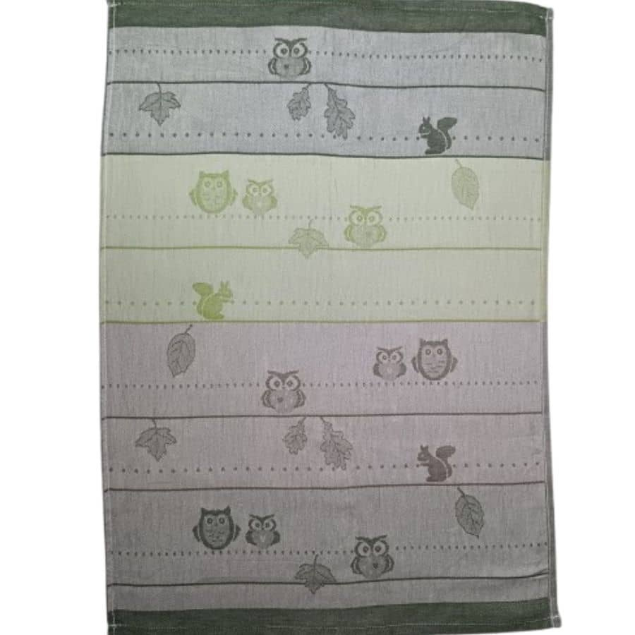 torchon-coton-hibou-vert